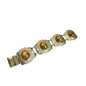 Vintage Amber Orange Rhinestone Chunky Gold Tone Filigree Bracelet